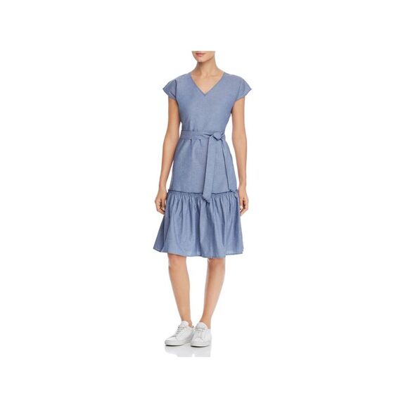 DESIGN HISTORY Womens Belted Chambray Cap Sleeve Fit + Flare Dress - Picture 1 of 2